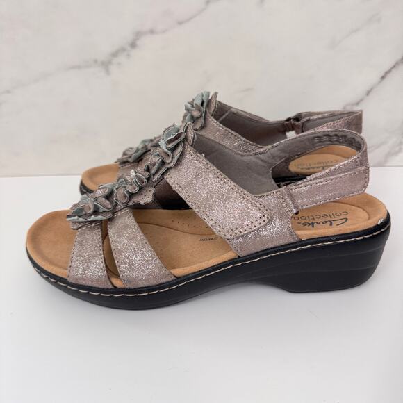 Clarks Women Merliah Sheryl Sandals Sz 10 Florette Comfort Strappy MetallicTaupe - Picture 5 of 9